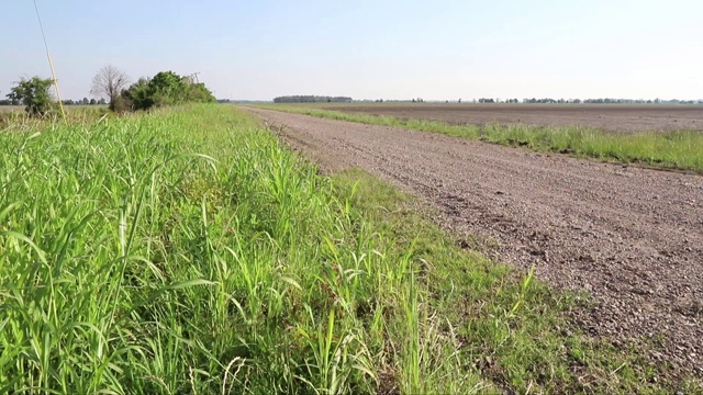 清晨的阳光照在草地、土路和农村的农田上视频素材