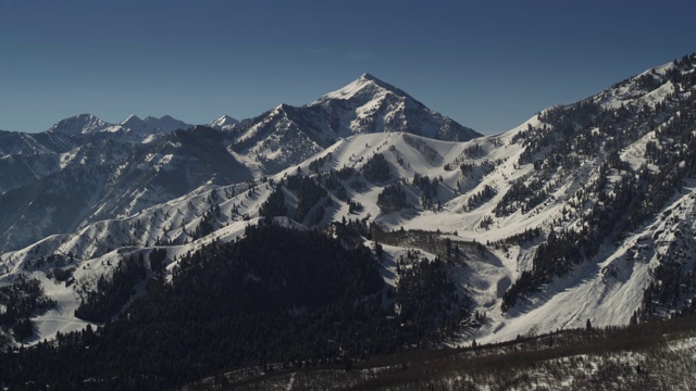 空中摇摄白雪覆盖的山脉/阿斯彭格罗夫，犹他州，美国视频素材