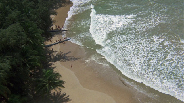 泻湖或海滩的天线。海浪拍打在沙滩上。热带植物。棕榈树。人们有独木舟或船。视频素材