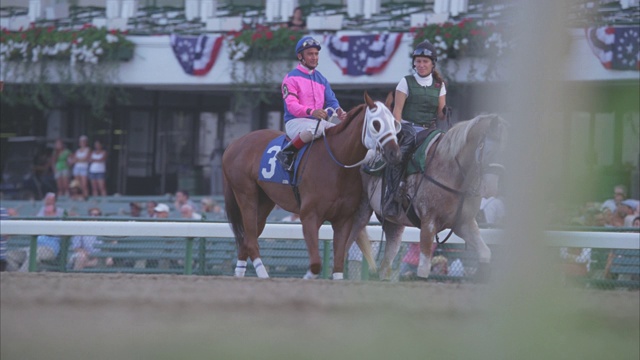 中等角度的骑手和骑师在比赛前骑在马上。马快步走向大门。制服。在bg可见看台或看台。可能是蒙莫斯公园或贝尔蒙特赛道。视频素材