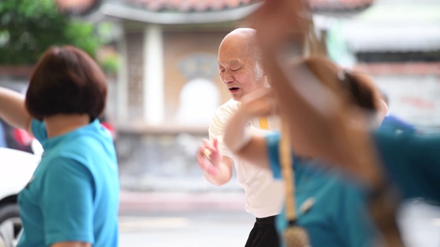 太极师傅用马尾棒指导高年级学生视频素材