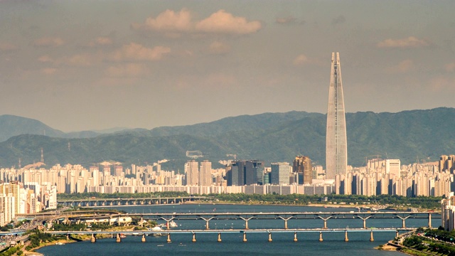 韩江，乐天世界大厦和韩国首尔市区的宽阔视野视频素材