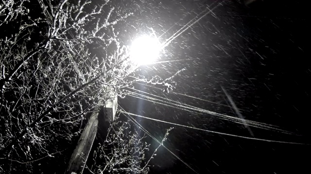 冬天下雪的夜晚路灯下，城市景象视频素材