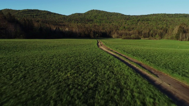 无人机的观点，在乡村道路跨越草地视频素材