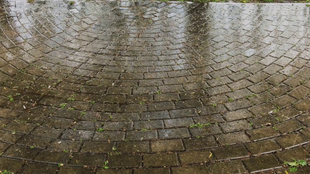 大雨倾泻在地砖上。阴暗的天气视频素材