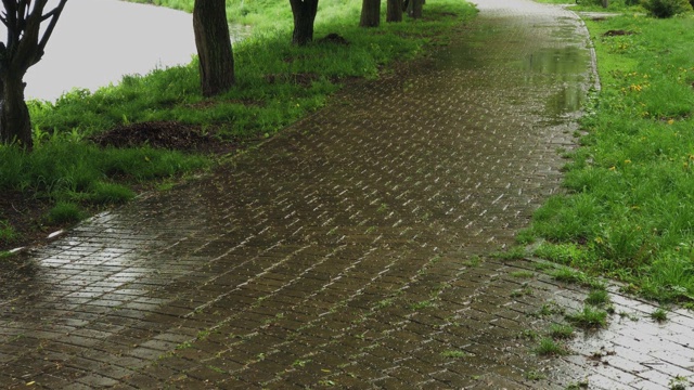 大雨倾泻在地砖上。阴暗的天气视频素材