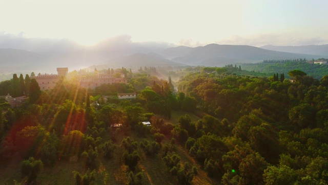 空中电影无人机的乡村与山谷，森林和中世纪城堡的前景。一个有雾的阳光明媚的早晨，在一个几乎没有房子的乡村绿地上。前视图。视频素材