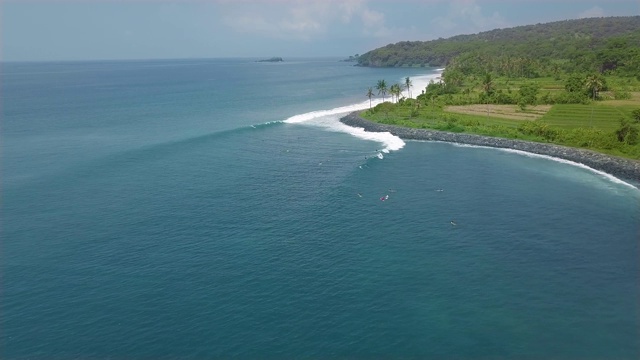 冲浪者冲浪板上的蓝色海浪在热带度假鸟瞰。在印尼巴厘岛的海上冲浪。水的运动。极限运动。夏天的活动视频素材