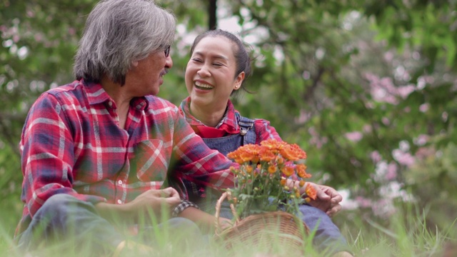 一对老年夫妇在花园里愉快地交谈视频素材