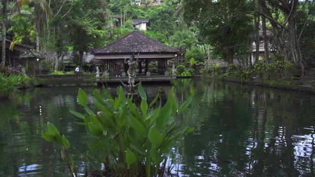 夏季装饰鱼塘在印度教寺庙花园上的绿色热带树木景观。印尼巴厘岛的古老传统建筑。亚洲文化。旅游的概念视频素材