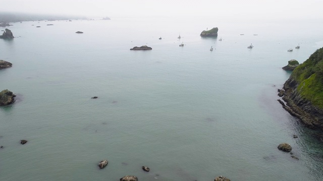 游艇停泊在雾蒙蒙平静的日子里。加州西海岸特立尼达附近的太平洋。航拍视频与电影向前和上升的摄像机运动。视频素材