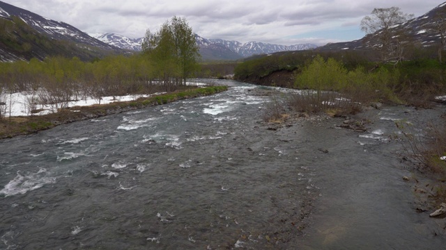 春景山川崎岖，沿河只是花木丛生视频素材