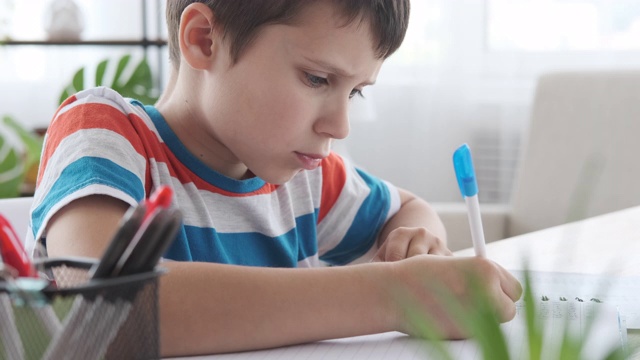 男孩拿着笔在书上写视频素材