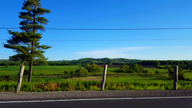在乡村田野上行驶的侧视图。司机视角POV开车经过乡村风景景观视频素材