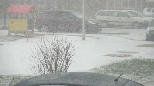 市中心有暴风雪。城市里被雪覆盖的汽车。城市下雪，清晨，窗外景色。雪。的树木,汽车。缓慢的运动。视频素材