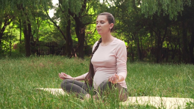 一位孕妇坐在公园的地毯上练习瑜伽，以莲花的姿势坐着冥想。视频素材