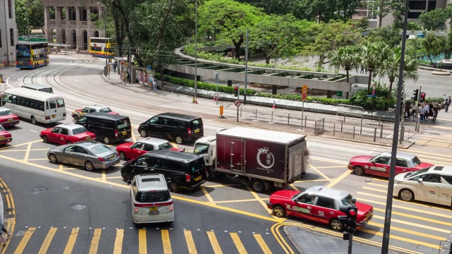 在香港中央商务区，4k平移时间的高峰时段交通和行人过马路视频下载