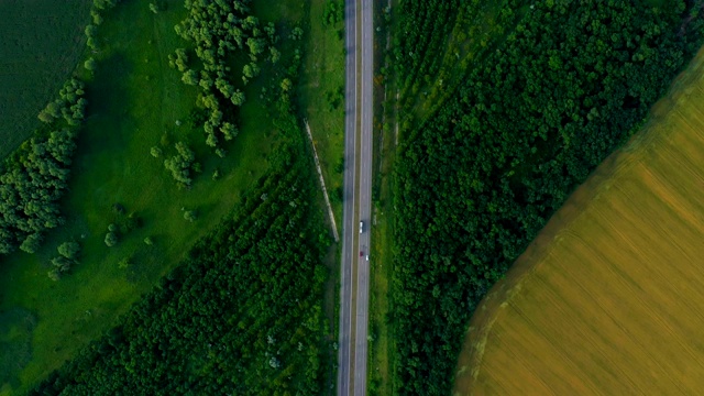 高速公路穿过绿色和黄色的夏季田野的鸟瞰图视频素材