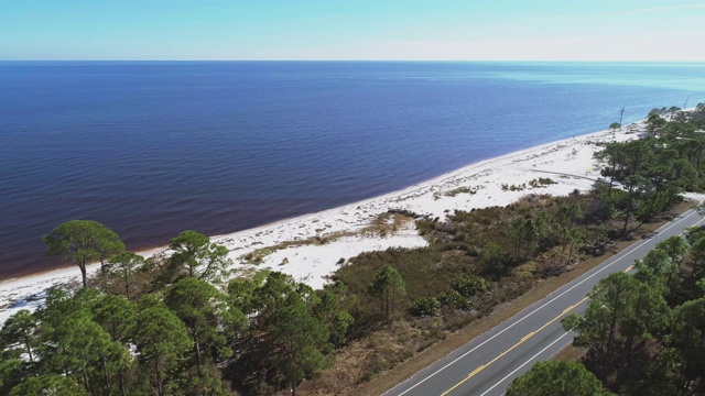 沿着大西洋海岸的白色沙丘和松树林的高速公路。空中无人机视频与电影下降和旋转，环顾相机运动。视频素材