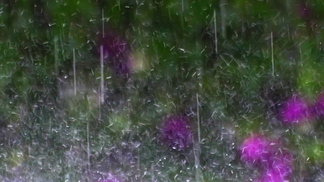 在大雨中，雨滴落在地面上的慢动作视频素材