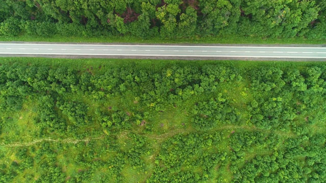 汽车在绿色森林植物之间的道路上行驶的鸟瞰图。4 k。视频素材