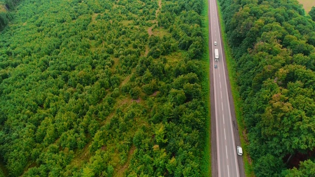 空中飞过的汽车沿着被森林包围的道路行驶。4 k。视频素材