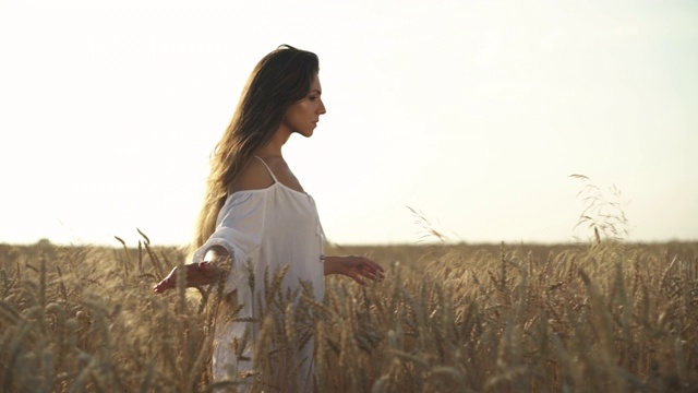 一个年轻浪漫的女人在夕阳下抚摸着麦田里的麦穗。女人正在享受大自然的美丽和宜人的天气。视频素材