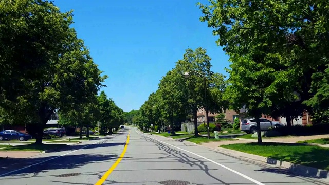 夏季驾驶绿树成荫的住宅城市道路。司机视角沿着美丽的阳光郊区街道。视频素材