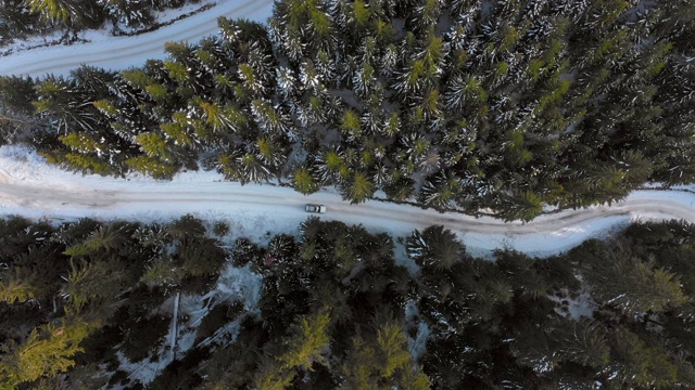 空中右/下降:汽车在被雪覆盖的道路上通过绿色，雪域森林-斯诺夸尔米，华盛顿视频素材