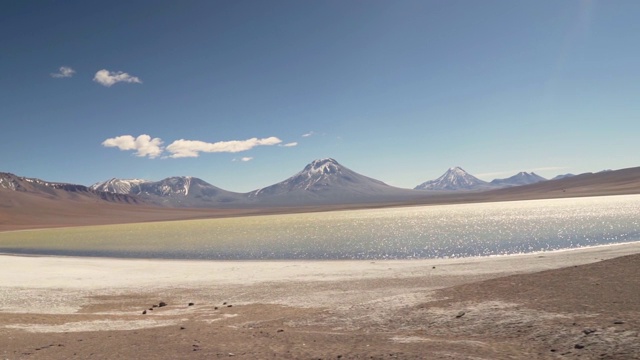 火山附近的阿塔卡马沙漠盐湖视频素材