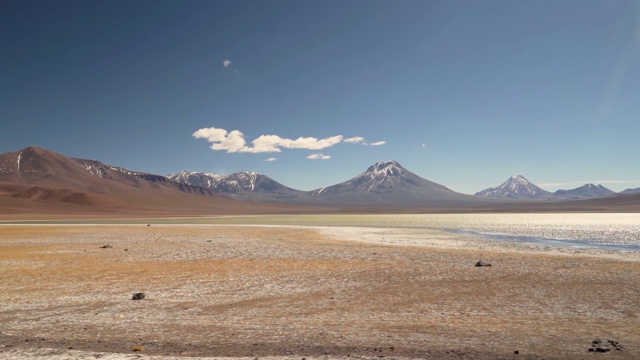 火山附近的阿塔卡马沙漠盐湖视频素材