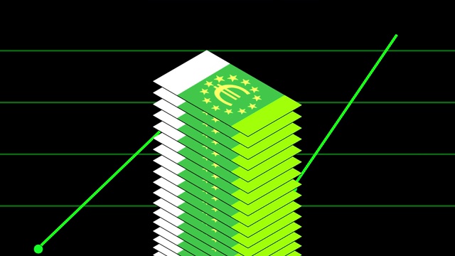 欧元下跌在一堆黑色背景的绿色线形图上视频下载