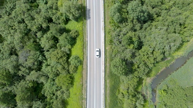 天线。白天在乡村道路上行驶的电动汽车的电影鸟瞰图。鸟瞰图飞过两车道森林道路与汽车移动绿树。汽车沿着森林道路行驶。视频素材