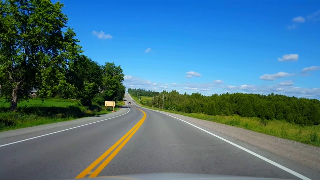 在明亮的夏日里沿着森林驾驶乡村道路。司机视角:美丽的乡村街道，绿树成荫。视频素材