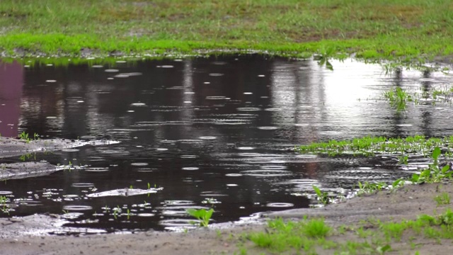 水珠滴落在地上的水坑里。黑暗，悲伤，情绪化和戏剧性的背景。视频素材