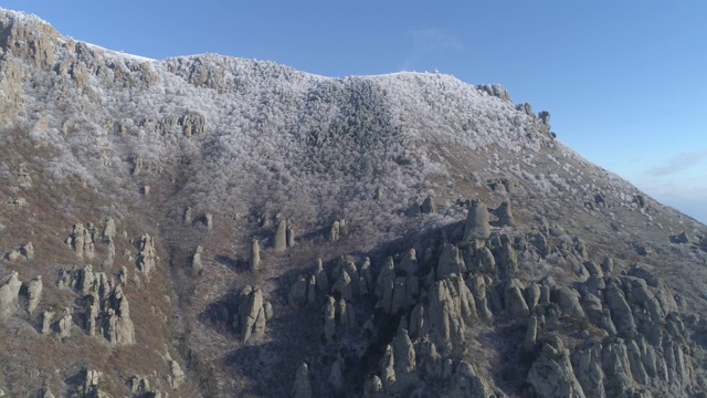 山顶上的景色覆盖着巨大的岩石和雪白的灌木，映衬着湛蓝清澈的天空。鸟瞰图视频素材