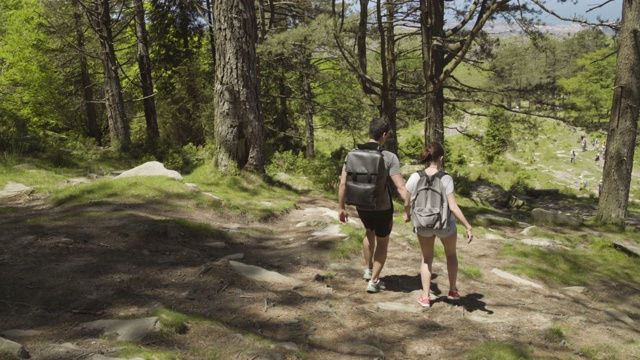 一对英俊的年轻夫妇在山上徒步旅行，在早上和一群人一起去森林。男友、女友、自然、自由、运动、健康、散步、幸福、背包、情侣。4 k。视频素材