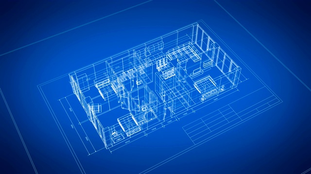 美丽的抽象3d蓝图建筑公寓与家具打开蓝色背景。最后一个回合是可循环的。毛圈的3 d动画。建筑业的概念。视频素材