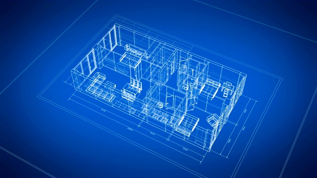 抽象公寓的3d蓝图，家具打开蓝色和白色无缝。循环3d动画网格网格。建筑业的概念。视频素材