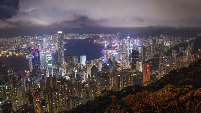 全景鸟瞰图的时间间隔香港城市景观景观天际线日落famaus旅游胜地维多利亚山顶在香港中部视频素材