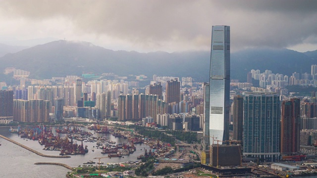 全景鸟瞰图的时间间隔香港城市景观景观天际线日落famaus旅游胜地维多利亚山顶在香港中部视频素材