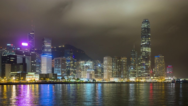 4K时间推移:香港城市香港天际线的夜晚与快速的云。视频素材