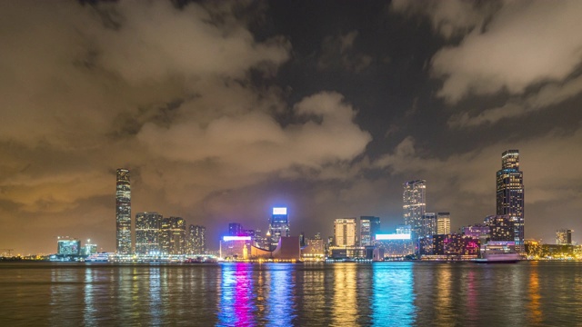 4K时间推移:香港城市香港天际线的夜晚与快速的云。视频素材