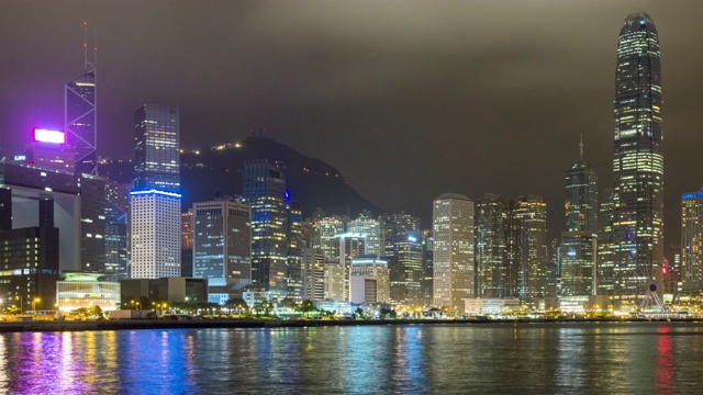 4K时间推移:香港城市香港天际线的夜晚与快速的云。视频素材