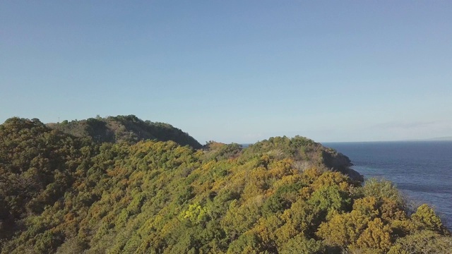 绿色高地和湖泊的海岸景观从飞行无人机。鸟瞰图绿色的湖在丘陵岛屿和蓝色的海洋景观在天空的背景。视频素材