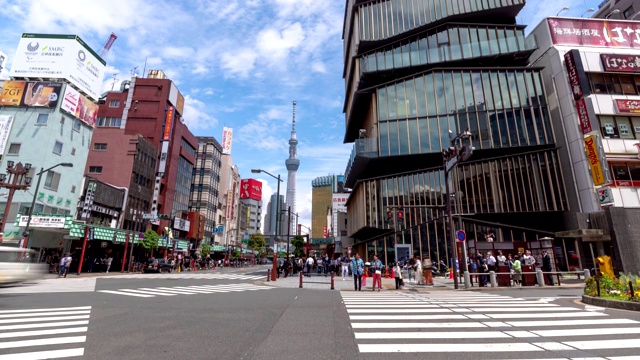 4K延时:日本东京浅草寺附近的市场上挤满了行人。倾斜向下拍摄的视频素材