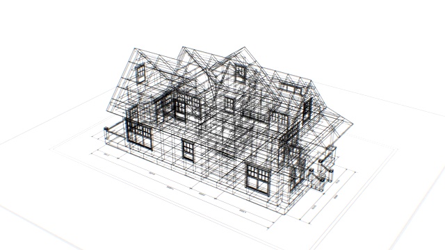 在白色背景上无缝的工程计划上旋转的抽象小屋的3d蓝图。循环三维动画的抽象房子蓝图。建筑业的概念。视频素材