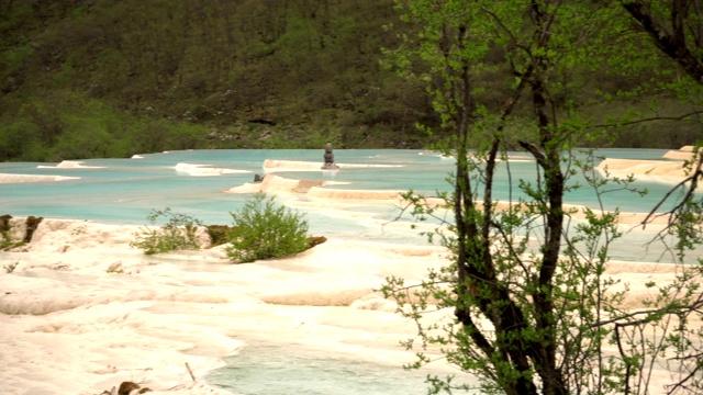 全景:中国四川黄龙谷景观步道旁的五色池视频素材