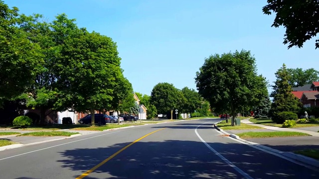 夏季驾驶绿树成荫的住宅城市道路。司机视角沿着美丽的阳光郊区街道。视频素材