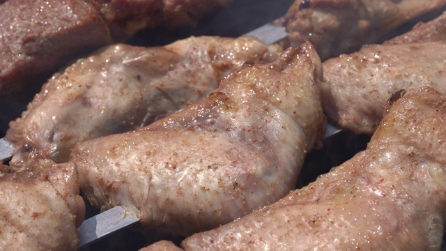 开胃多汁的鸡肉烧烤烹饪金属串在户外木炭烤架与火烟视频素材